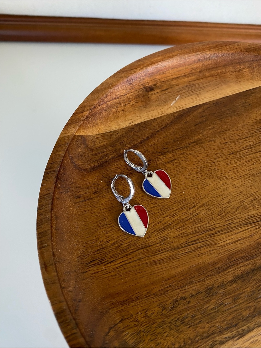 4/$15 US Patriotic Blue Red White Enameled Heart Drop Huggies Hoop Earrings